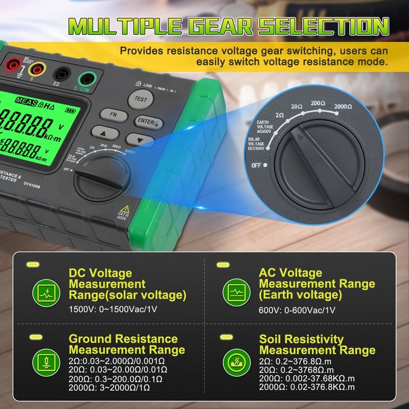 DUOYI Earth Resistance Tester 0.03-2000 ohm Meter,Upgraded Digital Earth Ground Resistance Tester 2/3 Wire Measurement AC/DC Voltage Meter with Batteries,Tool Bag - Image 5